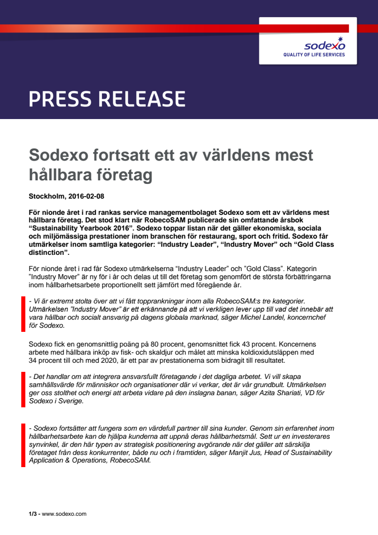 Sodexo fortsatt ett av världens mest hållbara företag