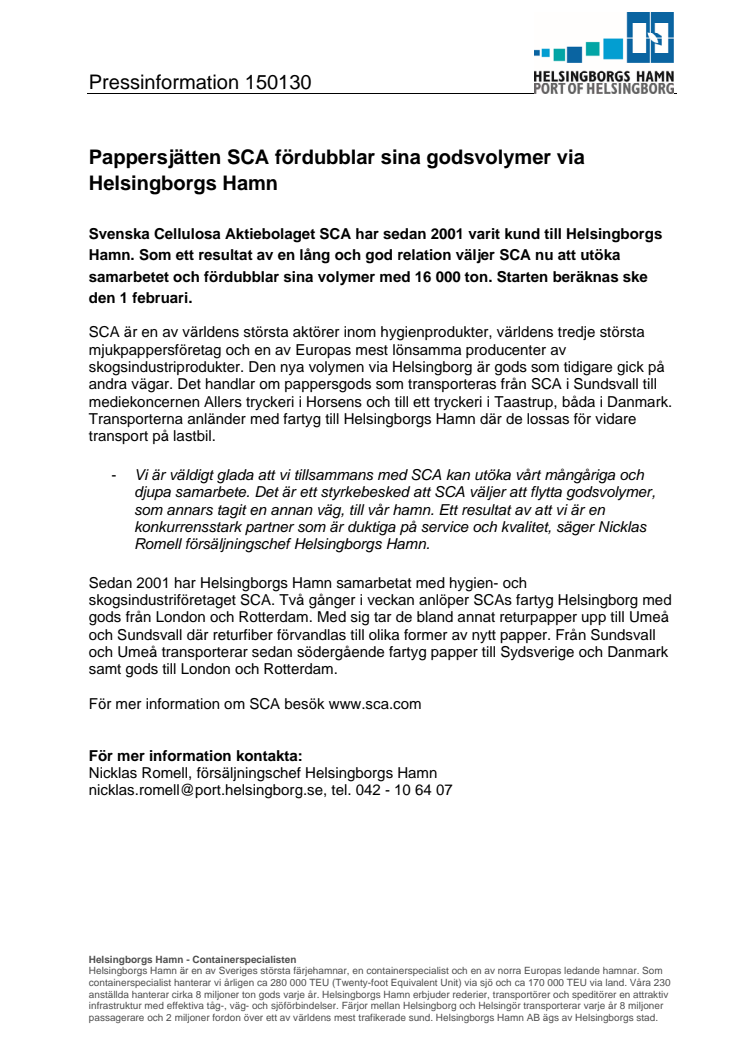 Pappersjätten SCA fördubblar sina godsvolymer via Helsingborgs Hamn