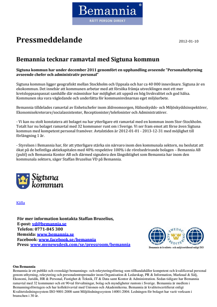 Bemannia tecknar ramavtal med Sigtuna kommun