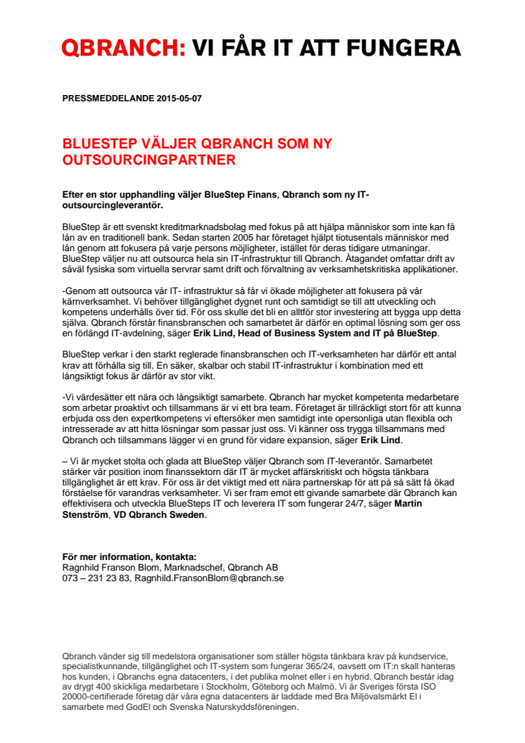 BLUESTEP VÄLJER QBRANCH SOM NY OUTSOURCINGPARTNER