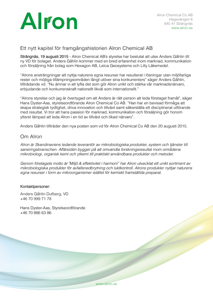Ett nytt kapitel i framgångshistorien Alron Chemical