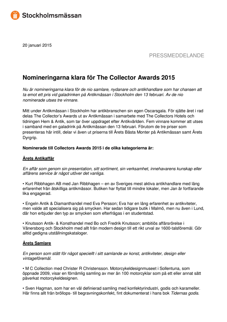 Nomineringarna klara för The Collector Awards 2015