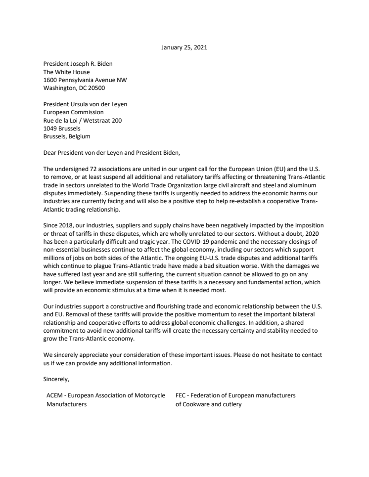 Joint letter to Biden and von der Leyen on tariffs