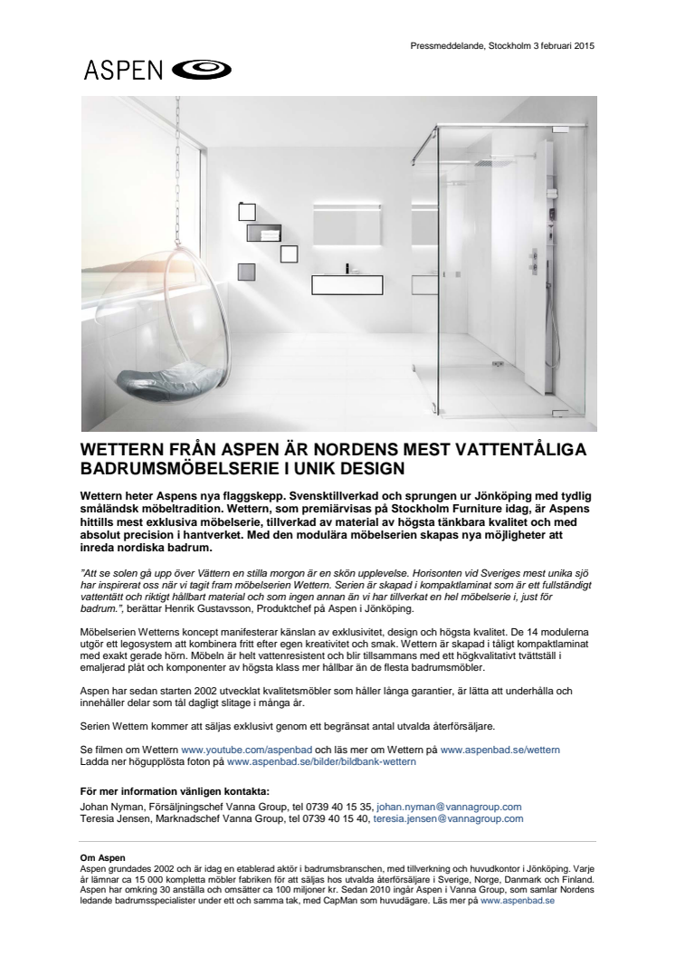 Premiär för Wettern – Nordens mest vattentåliga badrumsmöbelserie i unik design