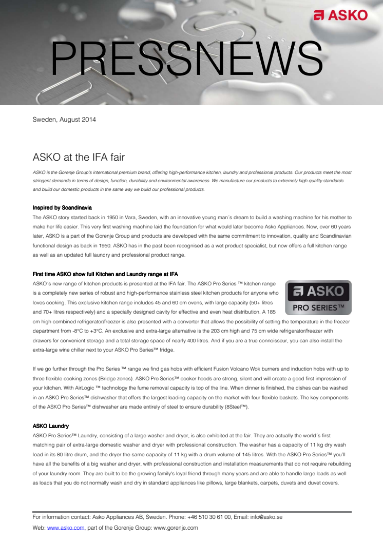 Detailed information about exhibited ASKO products at IFA 2014