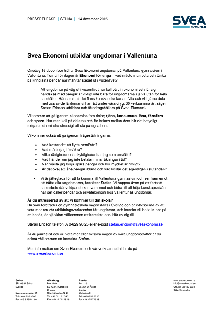 Svea Ekonomi utbildar ungdomar i Vallentuna