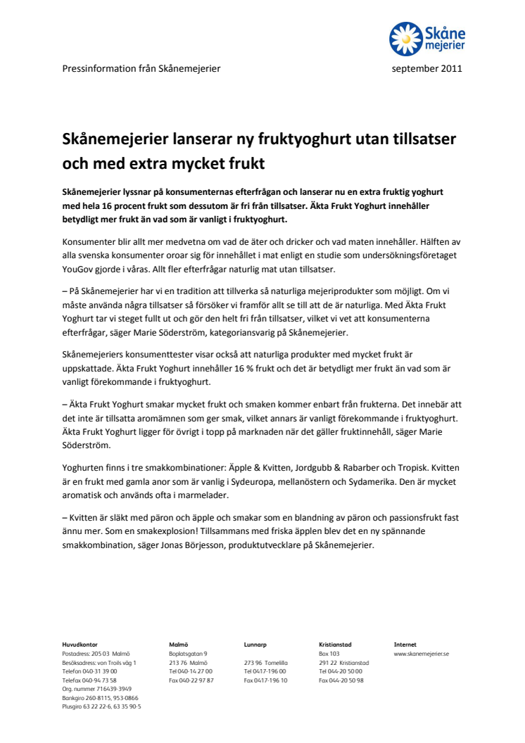 Skånemejerier lanserar ny fruktyoghurt utan tillsatser och med extra mycket frukt