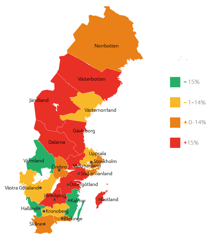 Karta över konkursbarometer - länen som går bäst och sämst