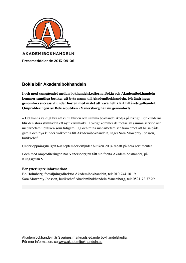 Bokia i Vänersborg blir Akademibokhandeln 