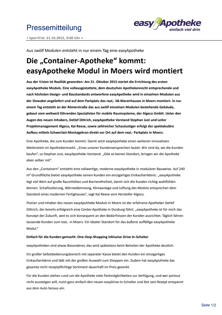 Die „Container-Apotheke“ kommt: easyApotheke Modul in Moers wird montiert 