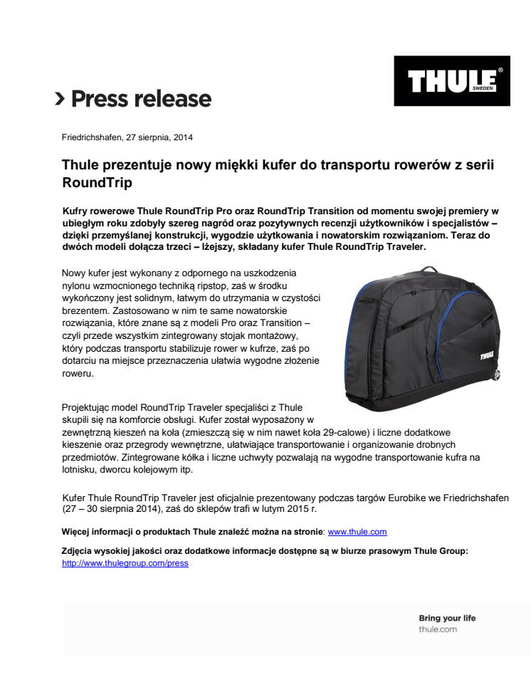 Thule prezentuje nowy miękki kufer do transportu rowerów z serii RoundTrip