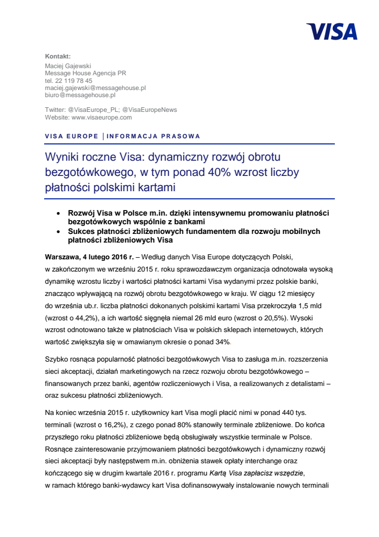 Wyniki roczne Visa: dynamiczny rozwój obrotu bezgotówkowego, w tym ponad 40% wzrost liczby płatności polskimi kartami