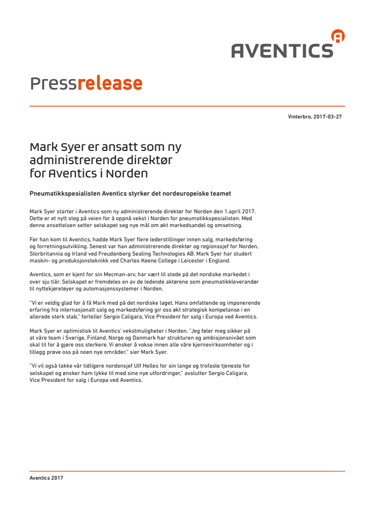 Mark Syer er ansatt som ny administrerende direktør for Aventics i Norden