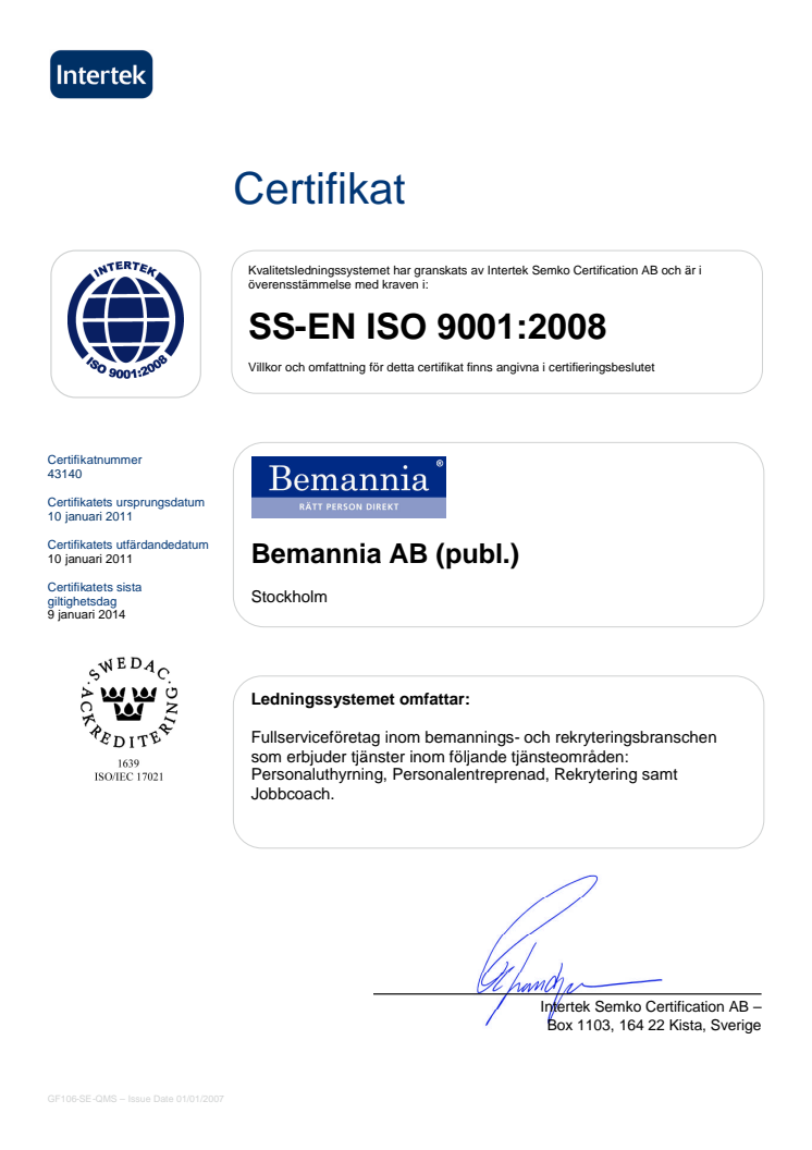 Certifikat ISO 9001:2008 Bemannia AB