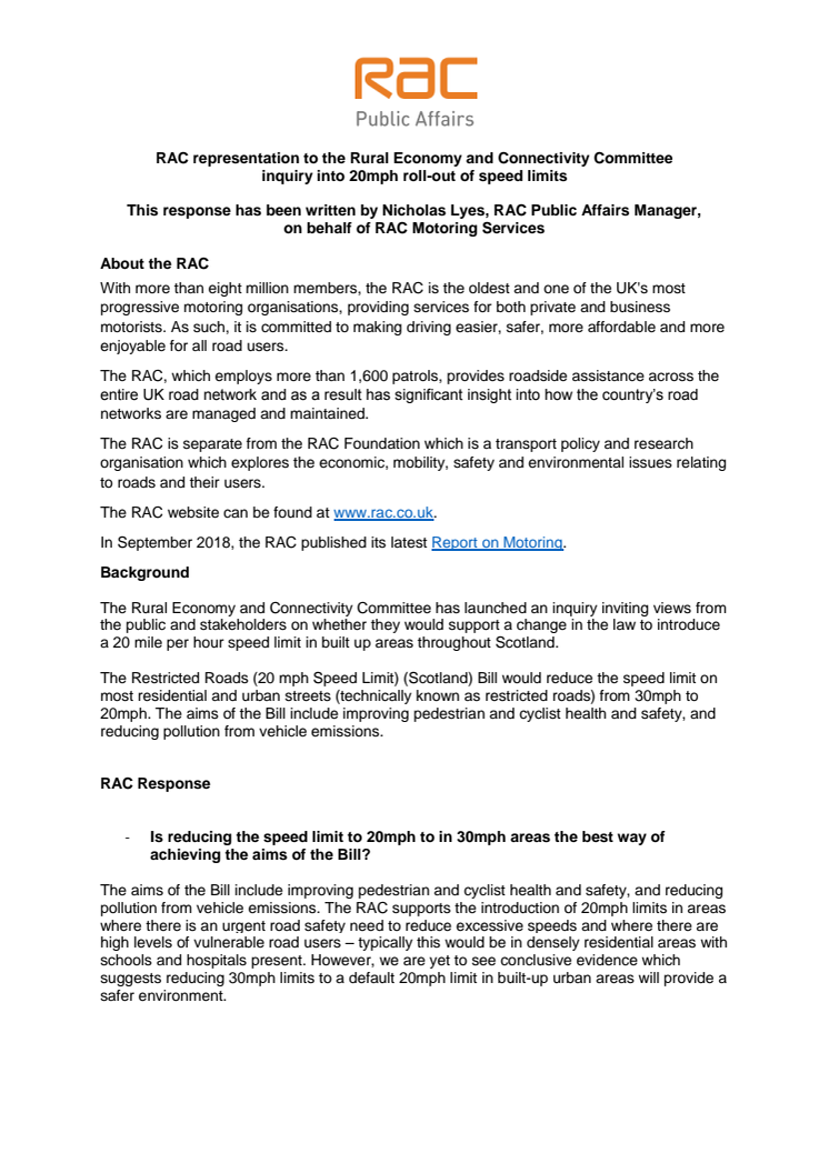 RAC submission to Scottish Rural Economy and Connectivity Committee  inquiry into 20mph roll-out of speed limits