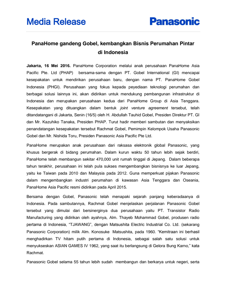 Press Release: PanaHome gandeng Gobel, kembangkan Bisnis Perumahan Pintar di Indonesia