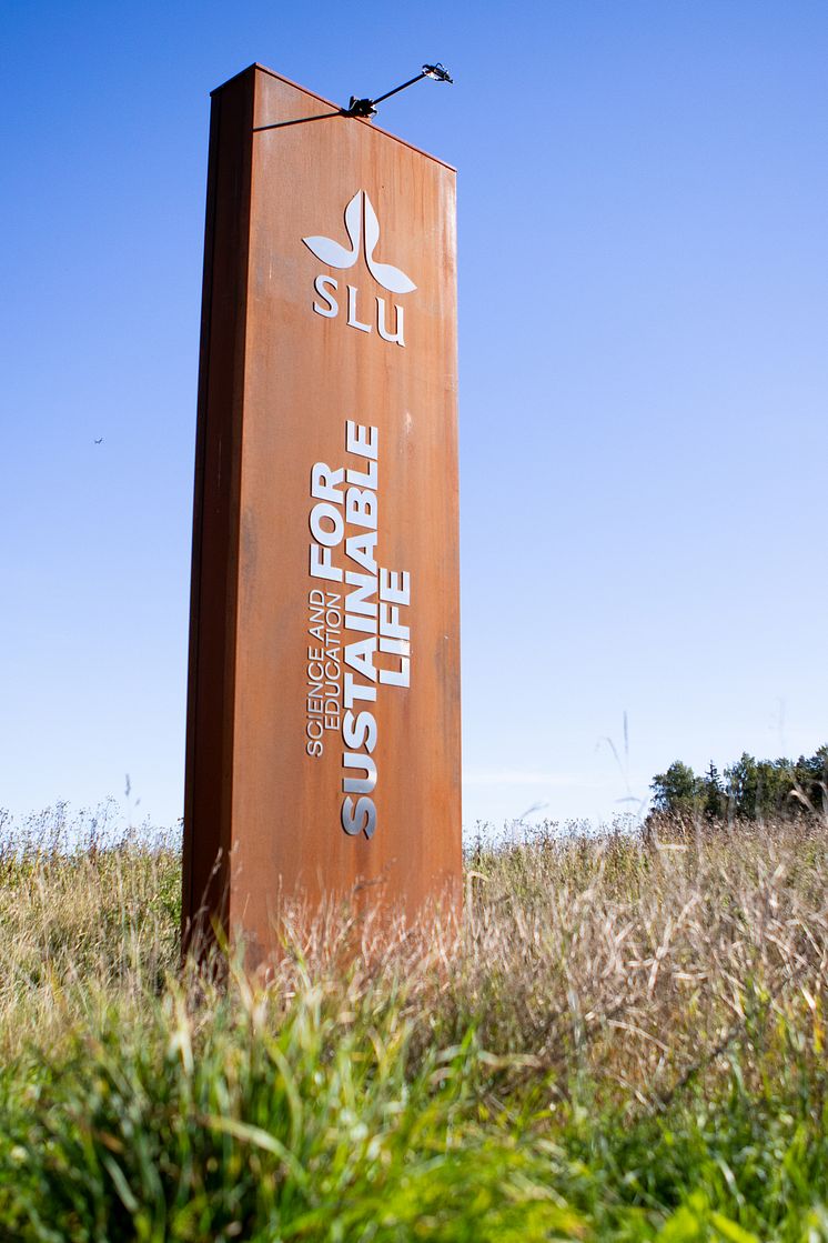 En brun hög skylt med SLU:s logo och texten "Science and education for sustainable life". Gräs och träd runt. 