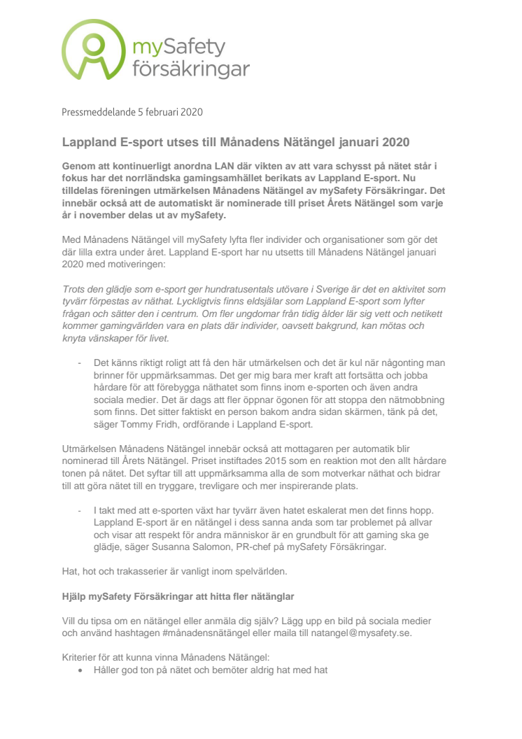 Lappland E-sport utses till Månadens Nätängel januari 2020
