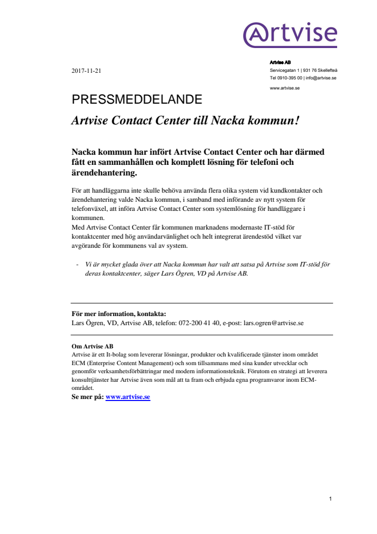 Artvise Contact Center till Nacka kommun!