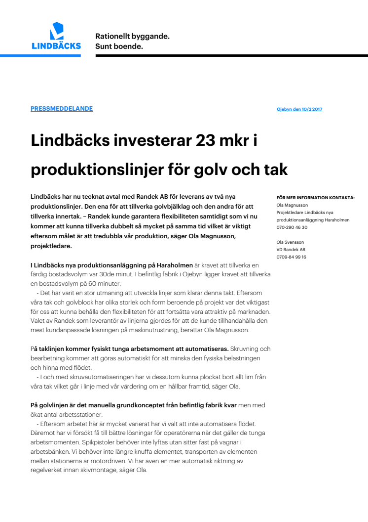 Lindbäcks investerar 23 mkr i produktionslinjer för golv och tak