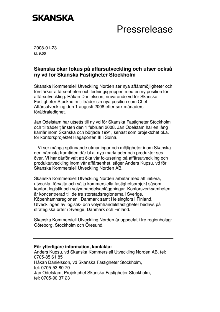 Skanska ökar fokus på affärsutveckling och utser också ny vd för Skanska Fastigheter Stockholm