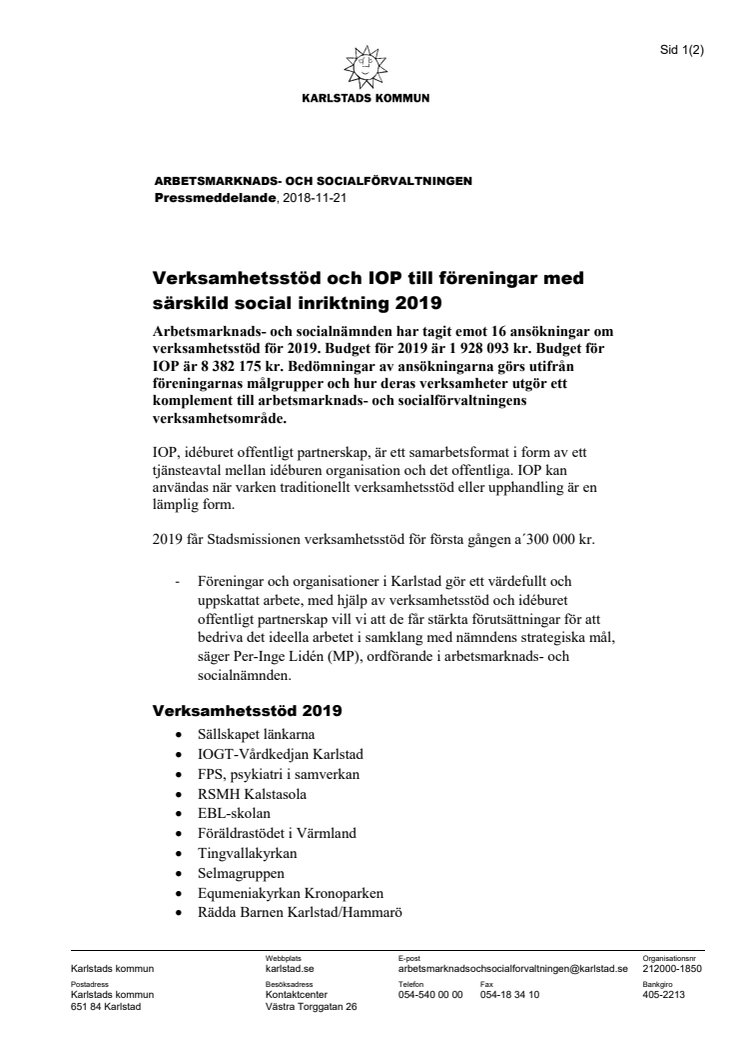 Verksamhetsstöd och IOP till föreningar med särskild social inriktning 2019