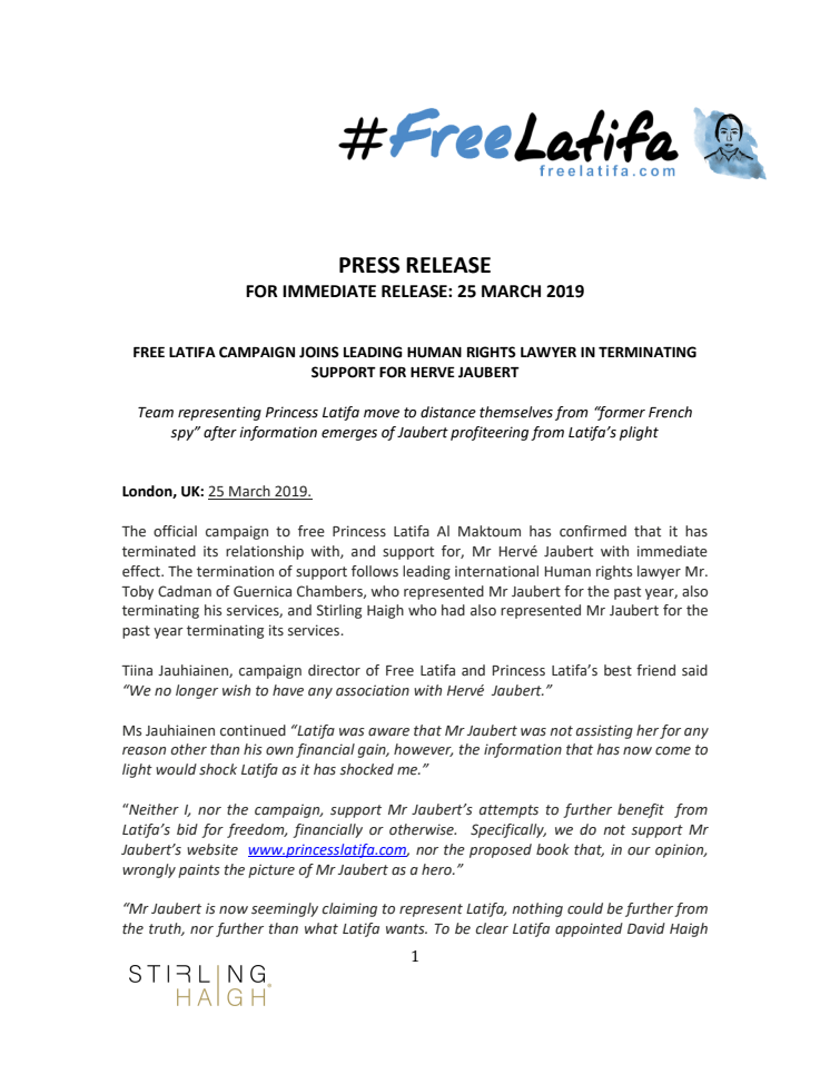 FREE LATIFA CAMPAIGN JOINS LEADING HUMAN RIGHTS LAWYER IN TERMINATING SUPPORT FOR HERVE JAUBERT