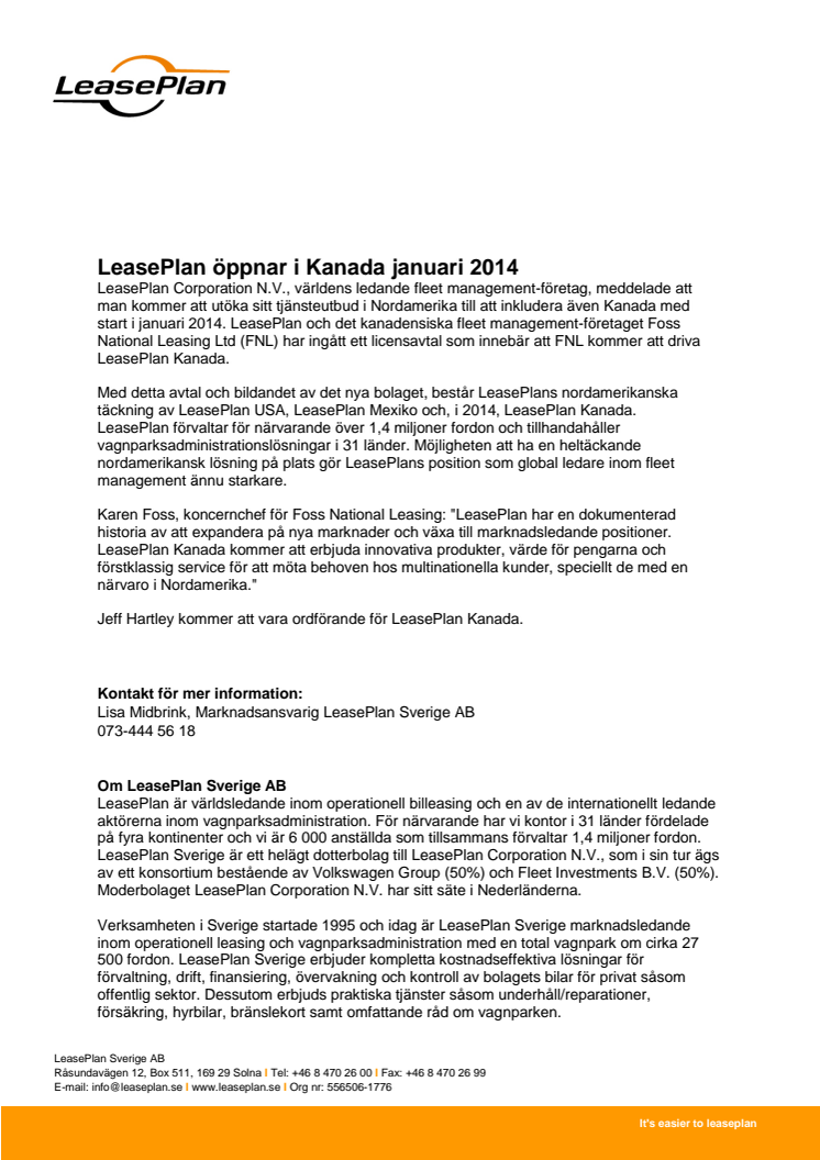 LeasePlan öppnar i Kanada januari 2014