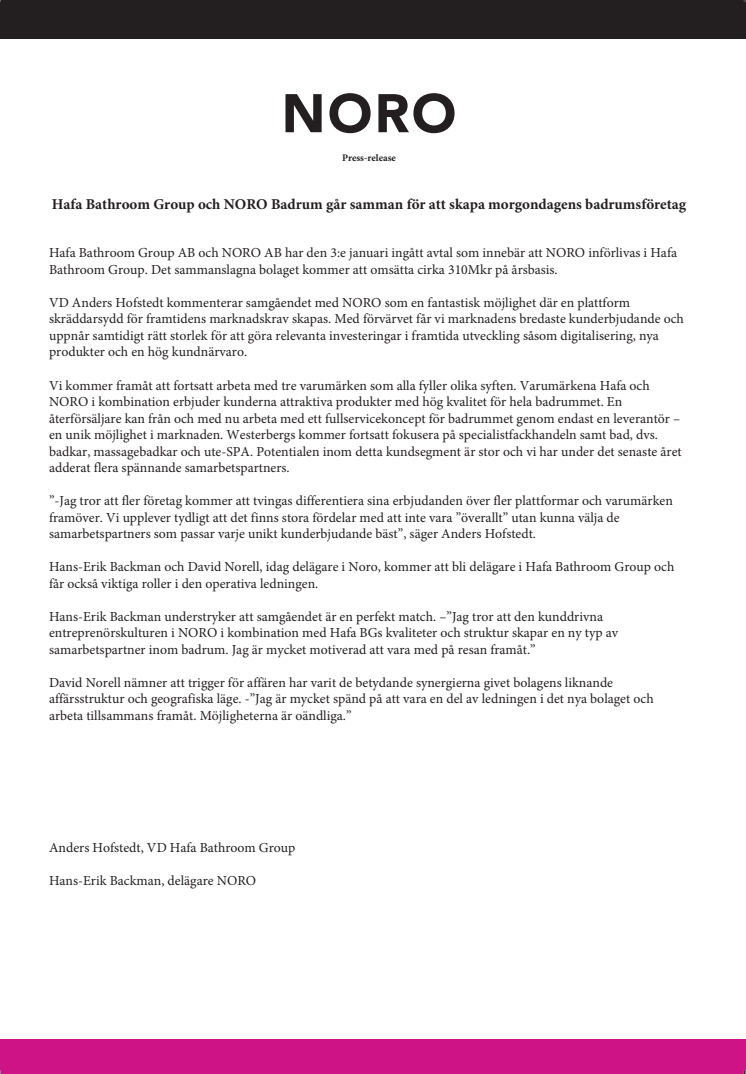 Hafa Bathroom Group AB går samman med NORO AB