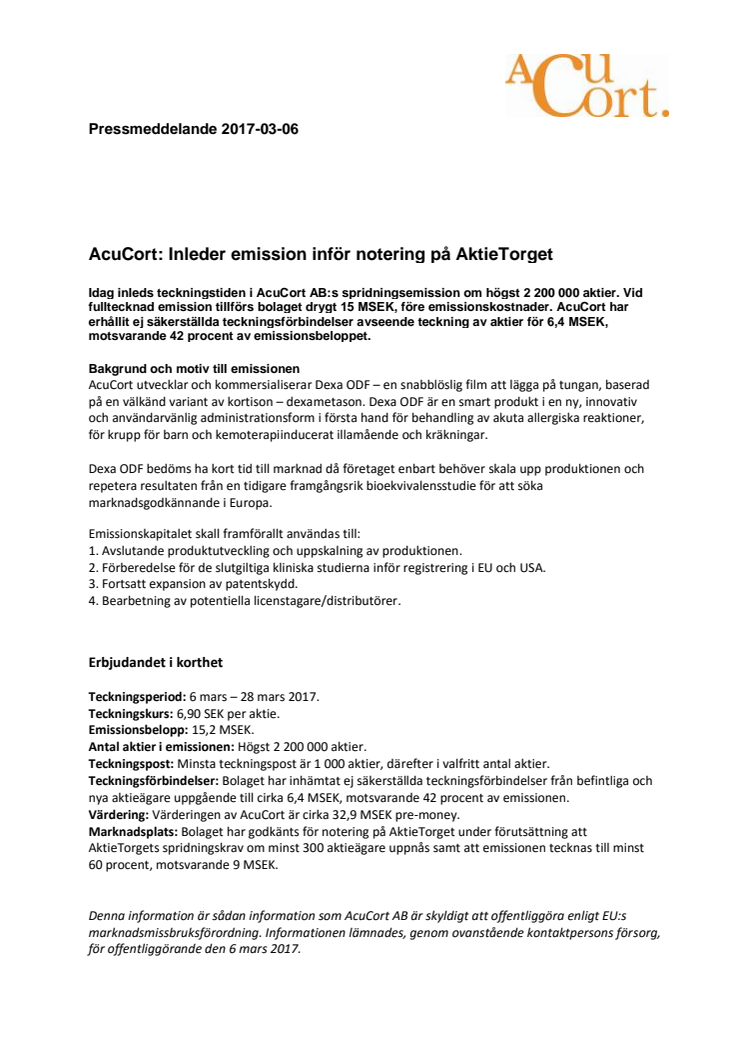 AcuCort: Inleder emission inför notering på AktieTorget