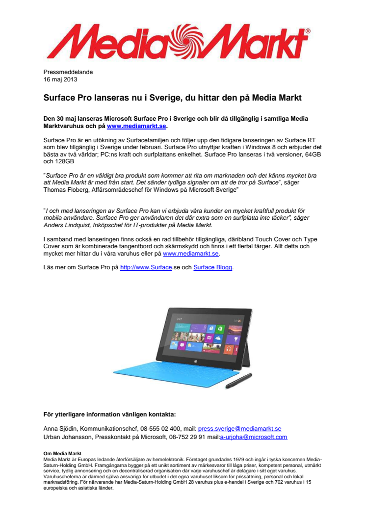 Surface Pro lanseras nu i Sverige, du hittar den på Media Markt
