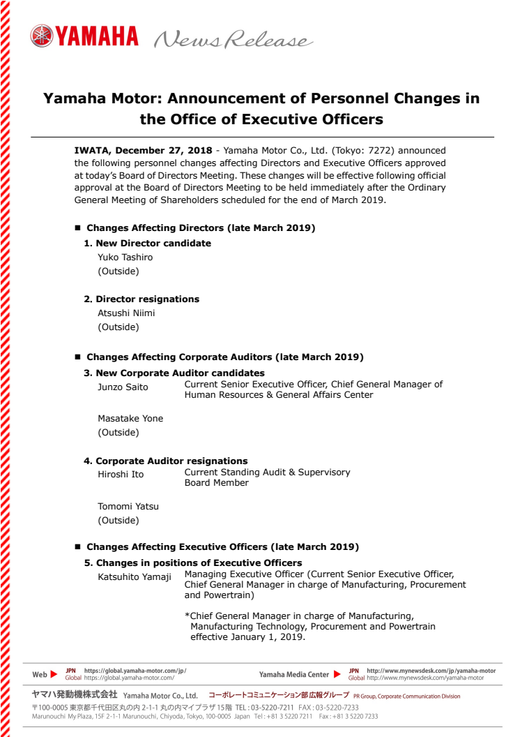 Yamaha Motor: Announcement of Personnel Changes in the Office of Executive Officers