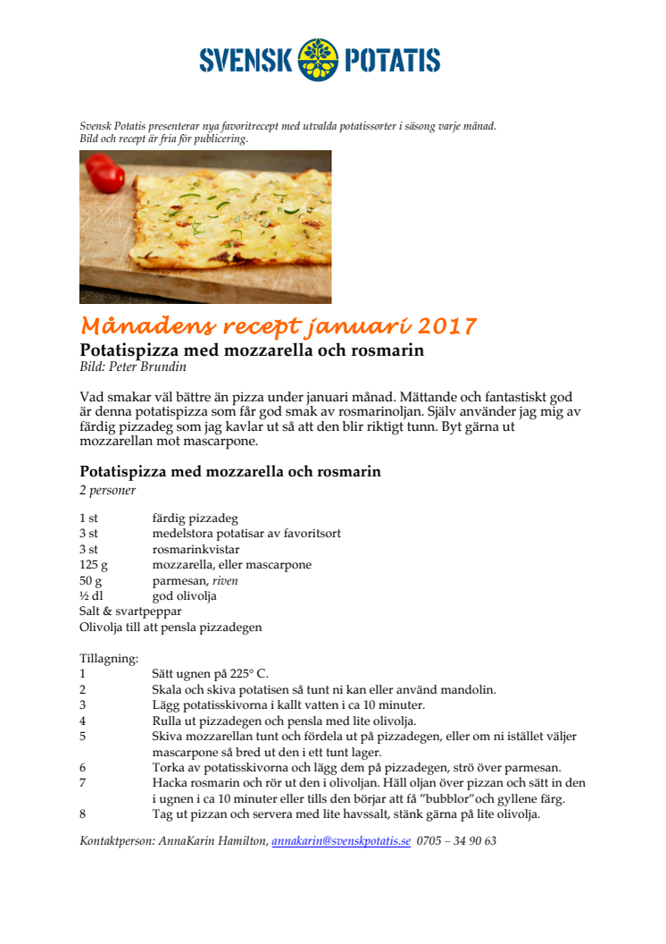 Månadens recept januari - Potatispizza med mozzarella och rosmarin