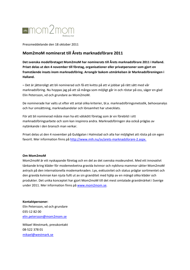 Mom2moM nominerat till Årets marknadsförare 2011