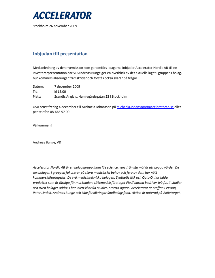 Inbjudan till bolagspresentation