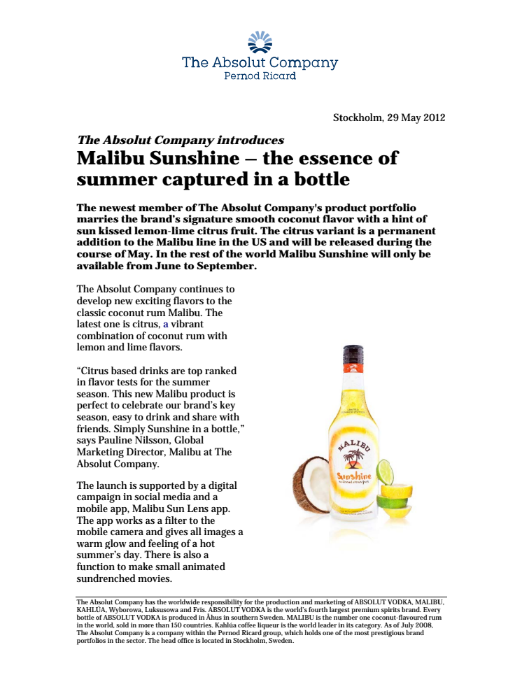 The Absolut Company introduces: Malibu Sunshine – the essence of summer captured in a bottle