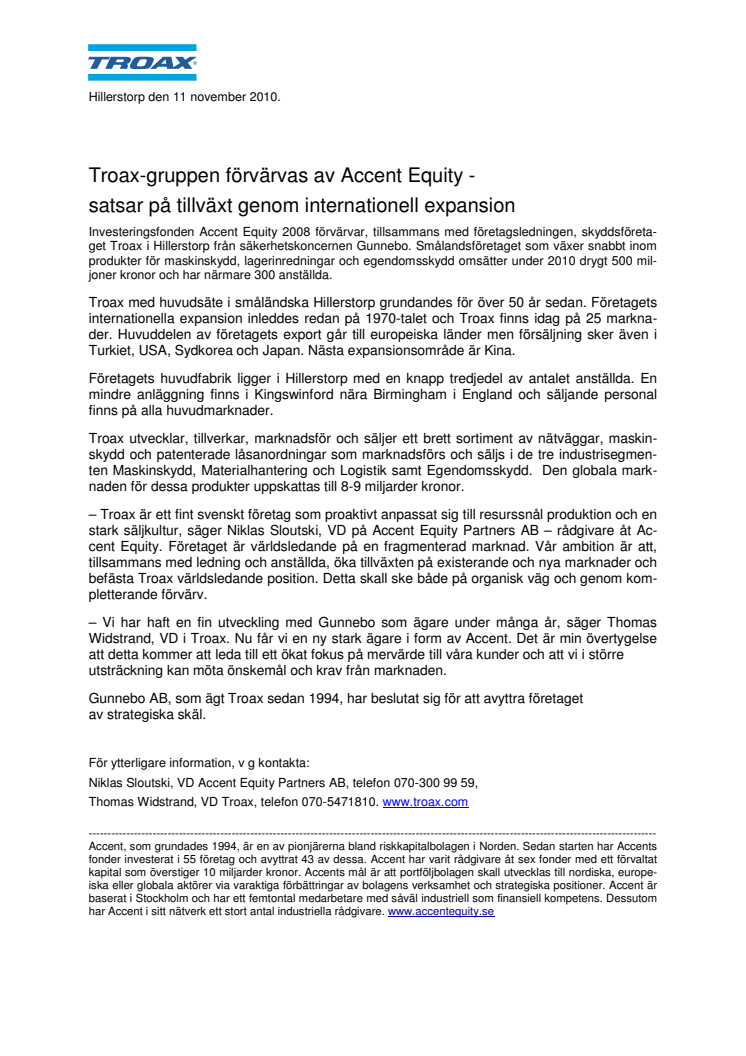 Troax-gruppen förvärvas av Accent Equity - satsar på tillväxt genom internationell expansion
