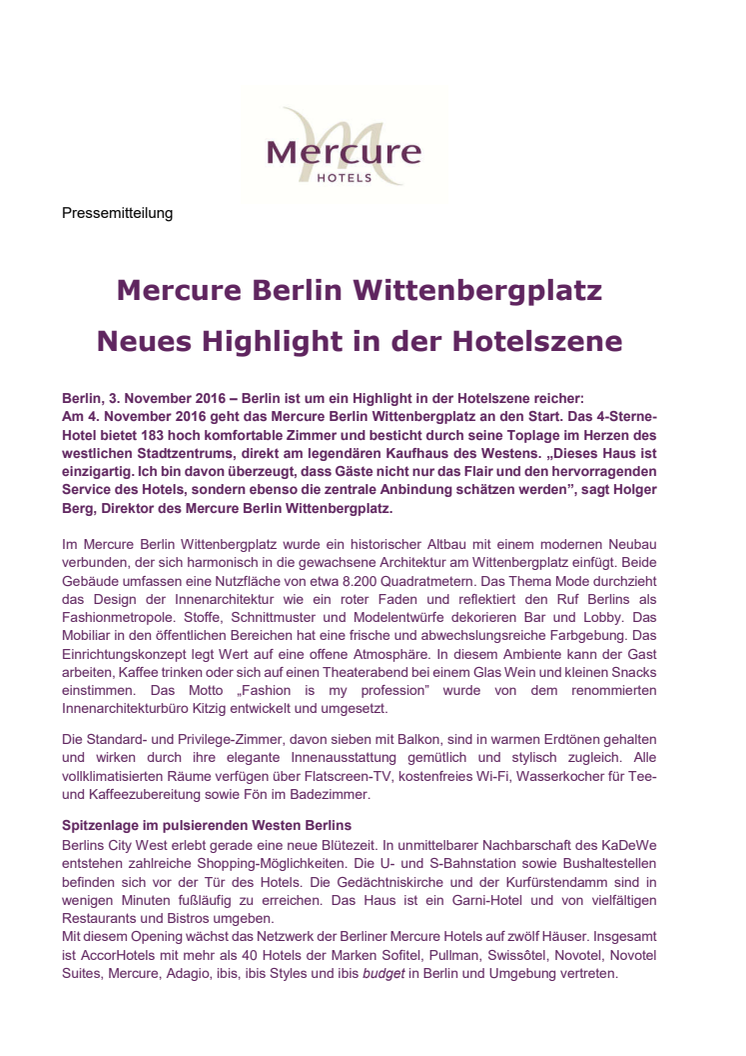 ​Mercure Berlin Wittenbergplatz: Neues Highlight in der Hotelszene