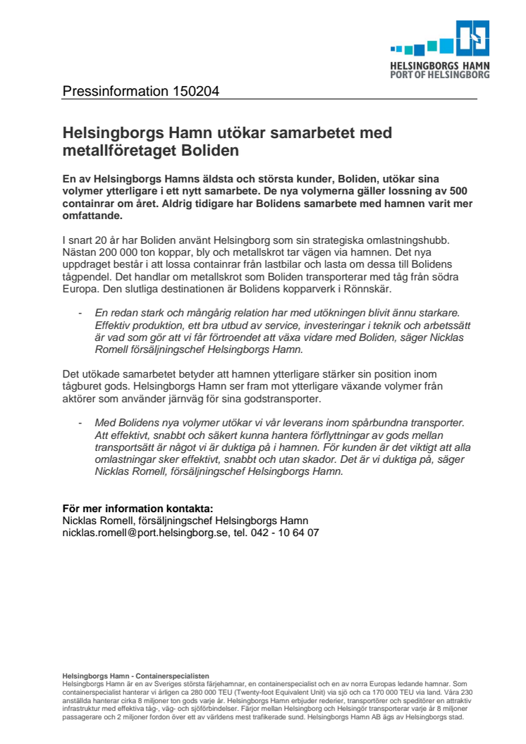 ​Helsingborgs Hamn utökar samarbetet med metallföretaget Boliden