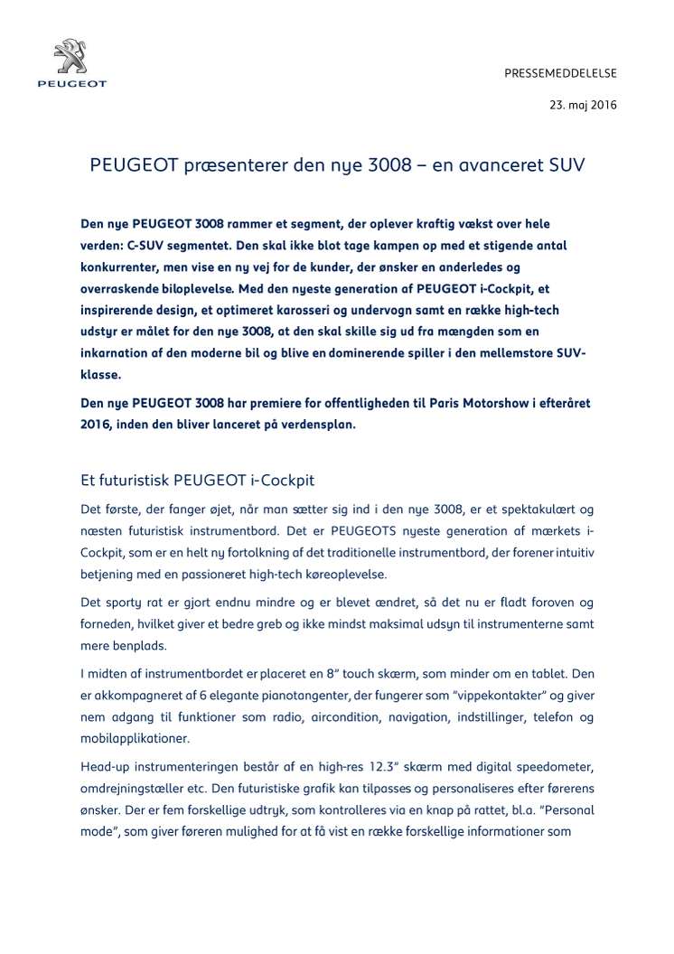 PEUGEOT præsenterer den nye 3008 – en avanceret SUV