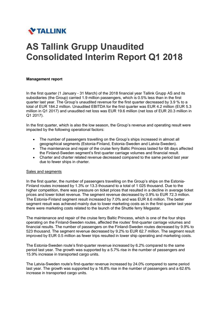 AS Tallink Grupp Unaudited Consolidated Interim Report Q1 2018