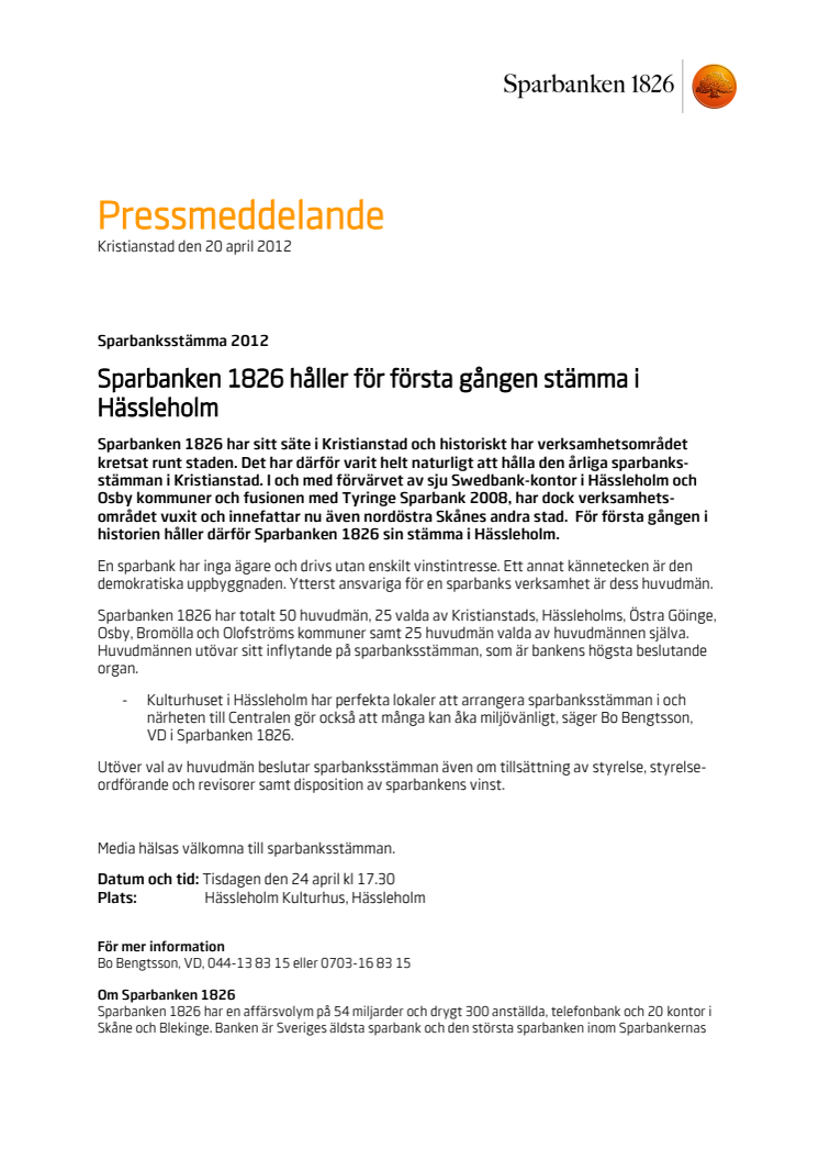 Sparbanken 1826 håller för första gången stämma i Hässleholm