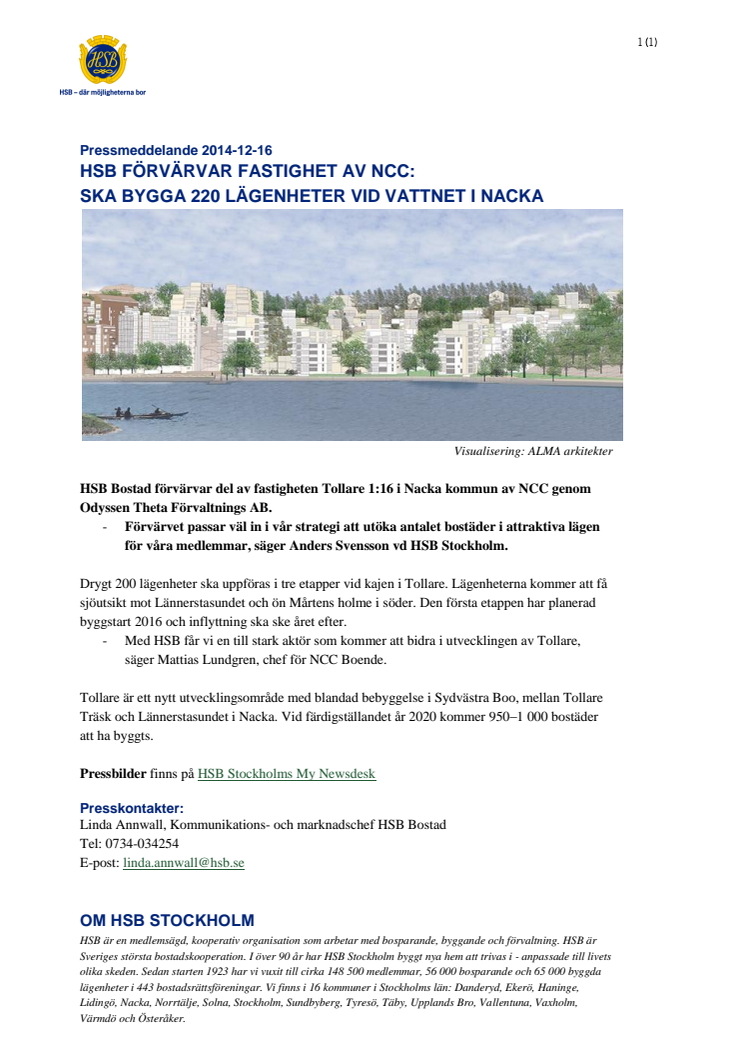 HSB förvärvar fastighet av NCC: ska bygga 220 lägenheter vid vattnet i Nacka