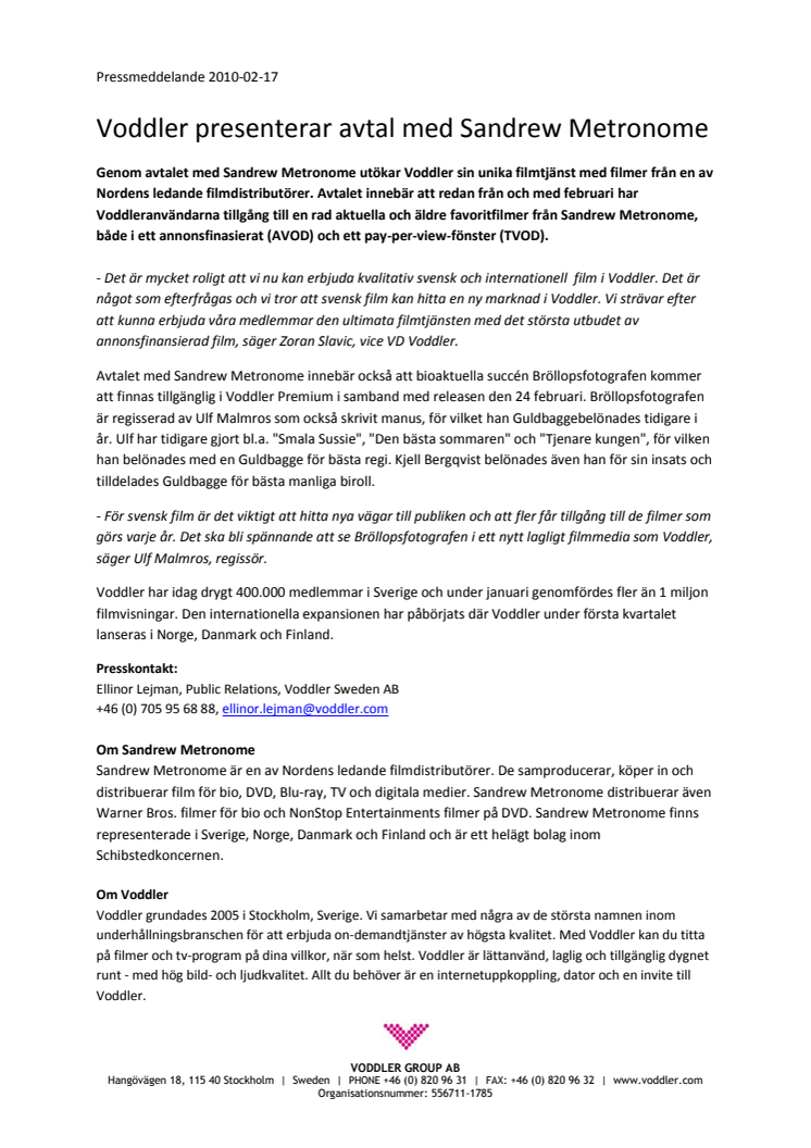Voddler presenterar avtal med Sandrew Metronome