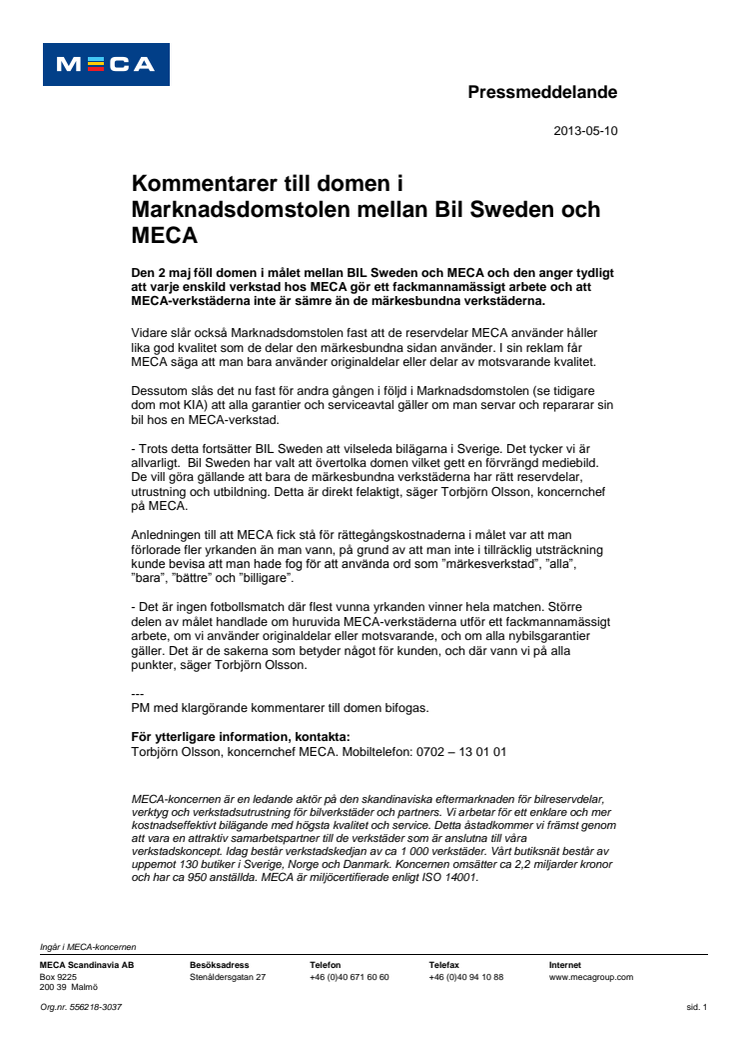 Kommentarer till domen i Marknadsdomstolen mellan Bil Sweden och MECA