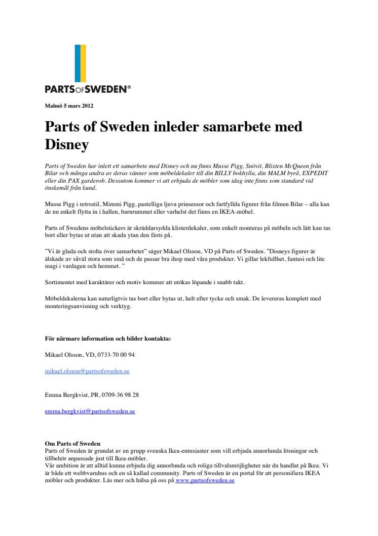 Parts of Sweden inleder samarbete med Disney 
