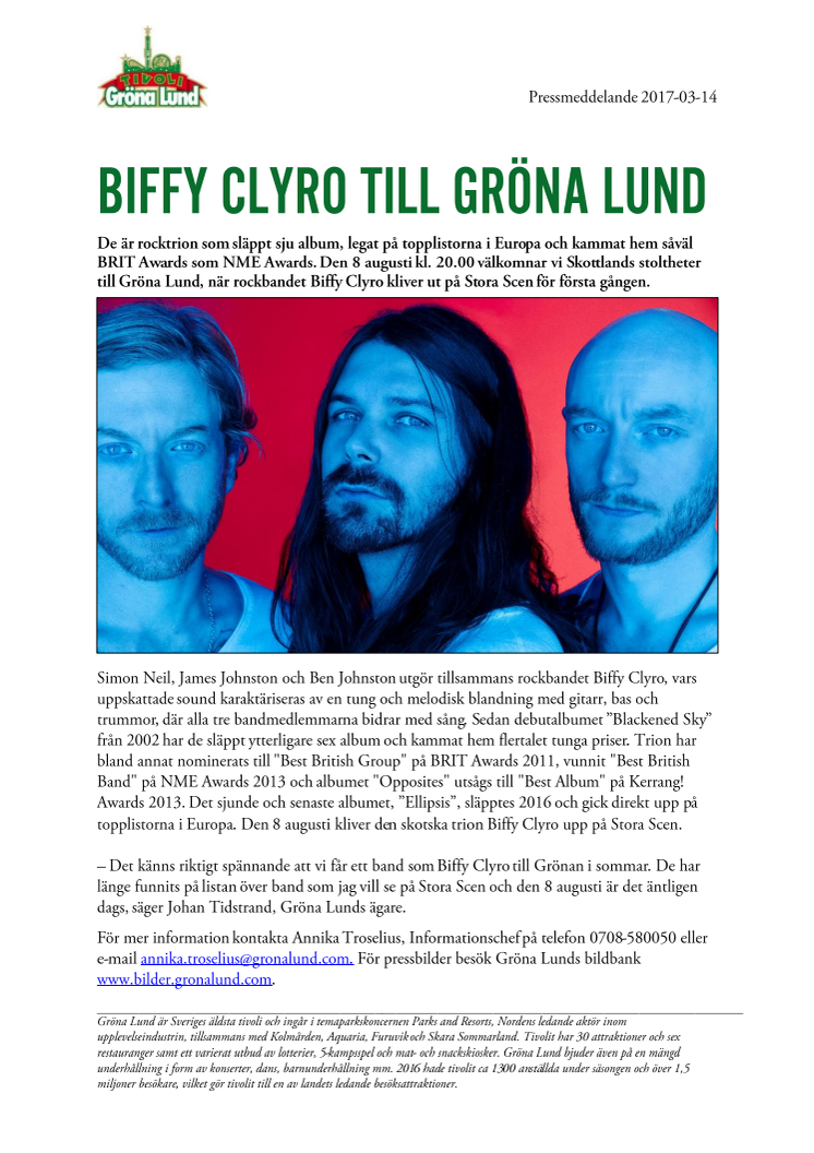 Biffy Clyro till Gröna Lund