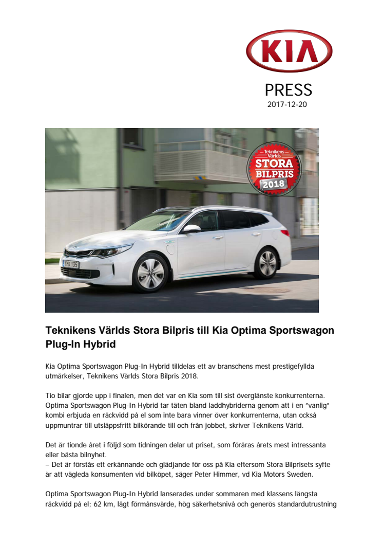 Teknikens Världs Stora Bilpris till Kia Optima Sportswagon Plug-In Hybrid 