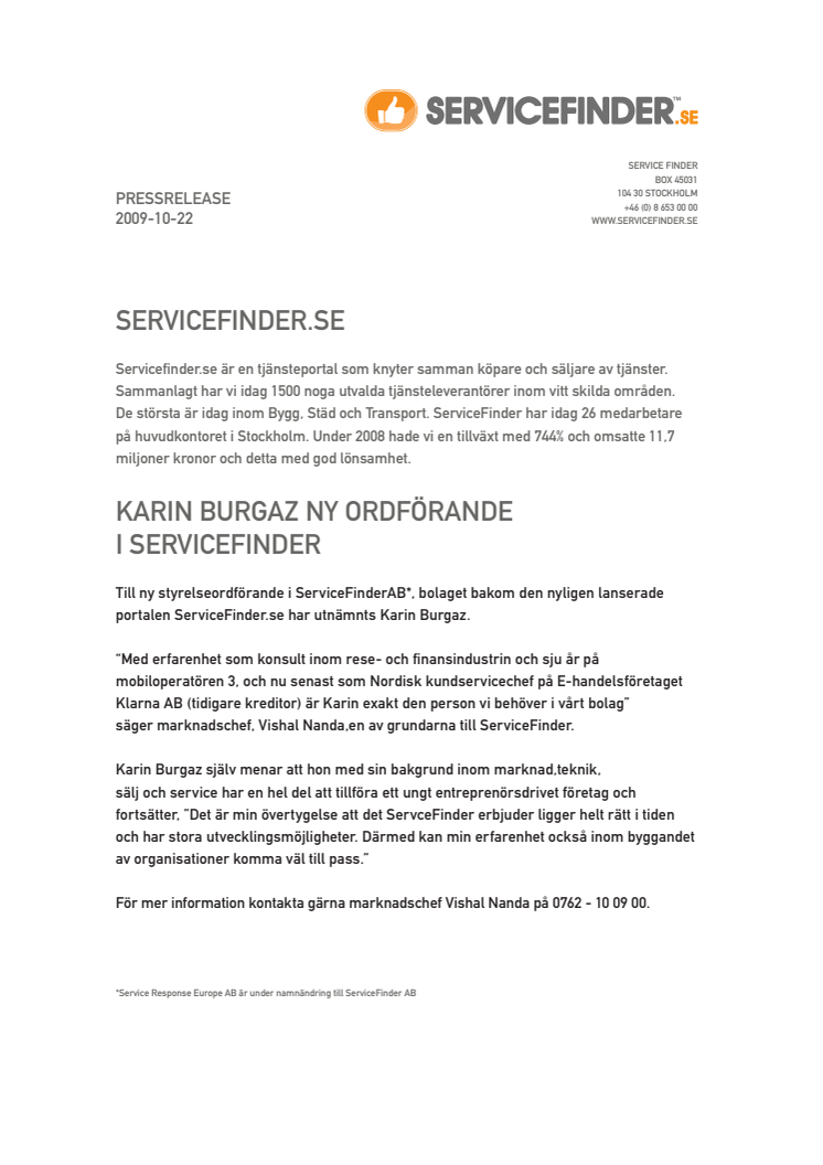 KARIN BURGAZ NY ORDFÖRANDE I SERVICEFINDER