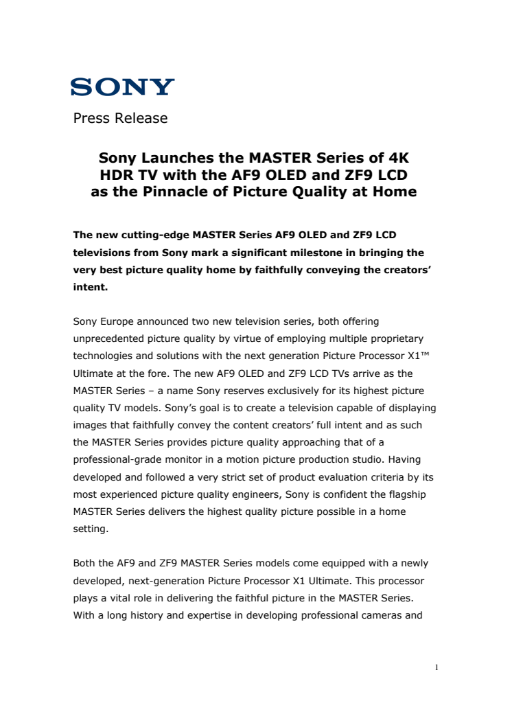 Sony lancerer to nye TV i MASTER-serien: AF9 og ZF9, der sprænger rammerne for billedkvalitet